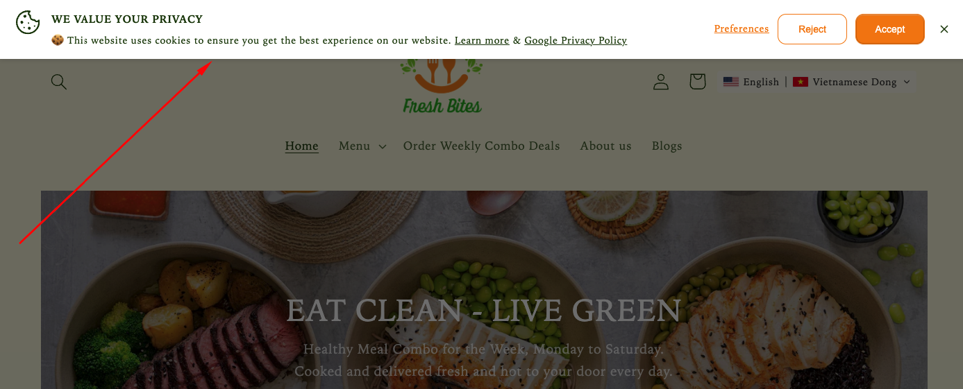 Lavar cookie consent banner with preferences reject and accept controls on Shopify